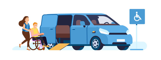 Woman helps disabled person get into special transportation. Paralyzed man in wheelchair. Inclusive accessibility. Handicapped people mobility. Handicap boarding in van. Vector concept © VectorBum
