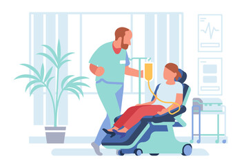 Woman with cancer. Patient undergoing chemotherapy. Medical intravenous infusion. Female sitting in armchair with dropper. Oncology treatment. Person takes chemo therapy. Vector concept