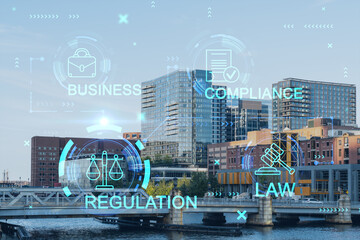 Plakat Panorama city view of Boston Harbor at day time, Massachusetts. Buildings of financial downtown. Glowing hologram legal icons. The concept of law, order, regulations and digital justice.