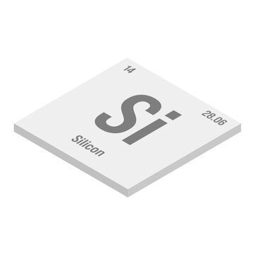 Silicon, Si, gray 3D isometric illustration of periodic table element with name, symbol, atomic number and weight. Non-metal with various industrial uses, such as in electronics, construction, and as