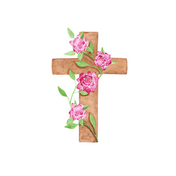 Religious cross isolated. Brown watercolor Christian cross decorated with pink roses. The hand-painted catholic or orthodox symbol for the first community, baptism, and Easter.