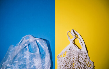 Mesh bag vs plastic bag. Reusable shopping bag instead of plastic bag. Concept about plastic...