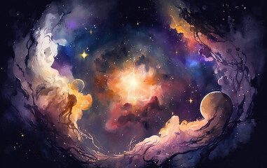 Watercolor glowing space with stars. Fantasy galaxy generative AI background