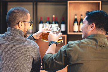 rear view of two friends sitting inside the bar making a toast with beer