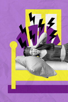 Photo poster collage of young aggressive girl headache angry sleeping bad neighbors speak loud hard day insomnia isolated on violet color background