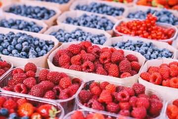 Mixed berries at local market. Close-up of various berries: strawberries, raspberries, blackberries, blueberries, blueberries on shop counter.