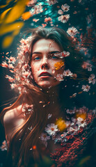 Beautiful Woman - Portrait Photoshoot Aesthetic - Floral - Spring - Realistic Illustration - Generative AI