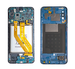 main case and back cover of disassembled blue smartphone isolated on white background close up