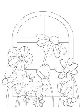 flowers in front of a window. coloring page that you can print on 8.5x11 inch paper. black and white illustration