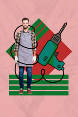 Vertical collage picture of positive mini guy wear apron protective glasses big drawing drill cable isolated on painted background