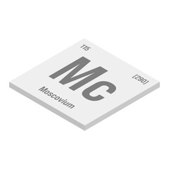 Moscovium, Mc, gray 3D isometric illustration of periodic table element with name, symbol, atomic number and weight. Synthetic element with very short half-life, created through nuclear reactions in a