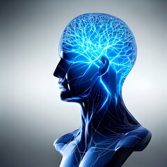 Human head with glowing neurons in brain. Artificial Intelegence concept. AI generated illustration