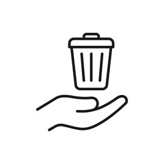Trash can on hand icon line style isolated on white background. Vector illustration
