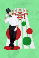 Vertical collage picture of elegant magician wizard guy hand touch headwear painted vintage ceiling...