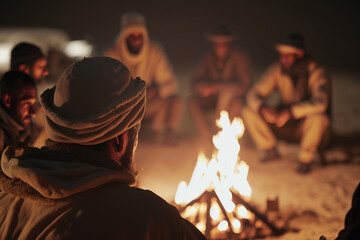 A desert campfire with Bedouin storytellers spinning tales late into the night. - obrazy, fototapety, plakaty