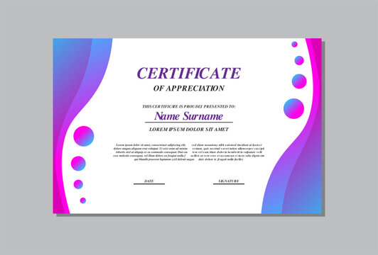 certificate template in blue and purple colors in abstract style.