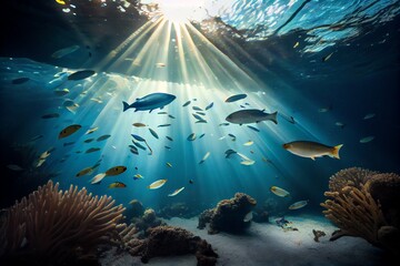 Fototapeta na wymiar Coral Reef With Many Fish Swimming Underwater In Light Beams. Generative AI