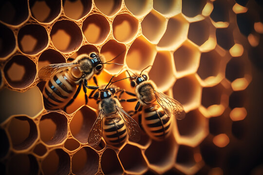 A Group Of Bees Working Together Inside Their Hive, With Intricate Honeycomb Patterns And Beautiful Golden Colors.