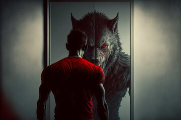 Person transformed into a werewolf in front of a mirror, horrific and intense style. Colors gray, red. Experience the scary and intense emotions of the transformation. Generative AI