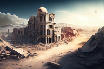 Illustration Of A View Of The Remains Of A City Due To An Earthquake In Turkey And Syria. Generative AI