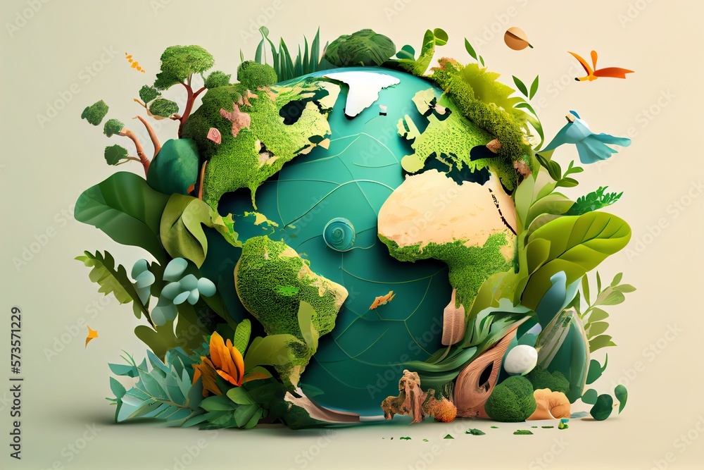 Sticker World Environment And Earth Day Concept With Globe And Eco Friendly Enviroment. Generative AI