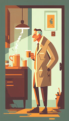 Ai generated. An older retired man in a suit and trench coat is standing in the kitchen holding a hot cup of coffee.