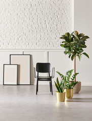 White classic and brick wall background concept, interior room, vase of green plant, black chair, frame, house appliance, marble floor.