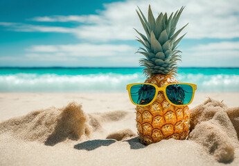 Attractive ripe pineapple and sun glasses on sand against turquoise water. Tropical summer vacation concept. Generative AI.