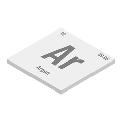 Argon, Ar, gray 3D isometric illustration of periodic table element with name, symbol, atomic number and weight. Inert gas commonly used in welding and as a protective atmosphere for certain