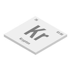 Krypton, Kr, gray 3D isometric illustration of periodic table element with name, symbol, atomic number and weight. Inert gas with various industrial uses, such as in lighting, lasers, and as a filling