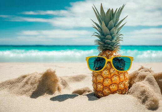 Attractive ripe pineapple and sun glasses on sand against turquoise water. Tropical summer vacation concept. Generative AI.