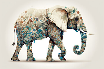 walking elephant with beautiful pattern on skin, illustration, ai generative