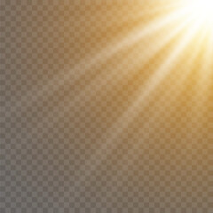 Fototapeta premium Bright white rays of light and sun, spotlights, lighting on a transparent background