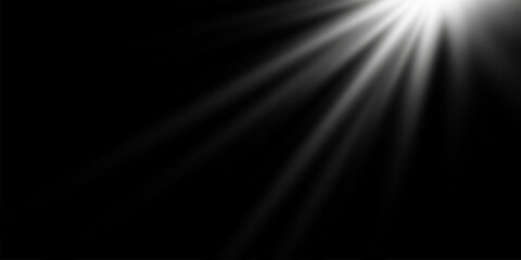 Bright white rays of light and sun, spotlights, lighting on a black background
