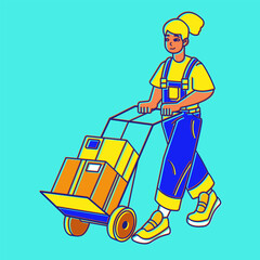 Character in modern style, flat illustration. Vector. Job. service worker. A woman carries boxes with parcels on a trolley, an employee of the parcel delivery service, send, post office. advertising, 