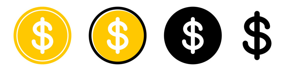 Dollar symbol icons. Set of dollar coin icons. Cash sign. Vector illustration.