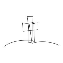 Continuous line drawing of christian cross. Religious cross one line icon. One line drawing background. Vector illustration. Cross black icon