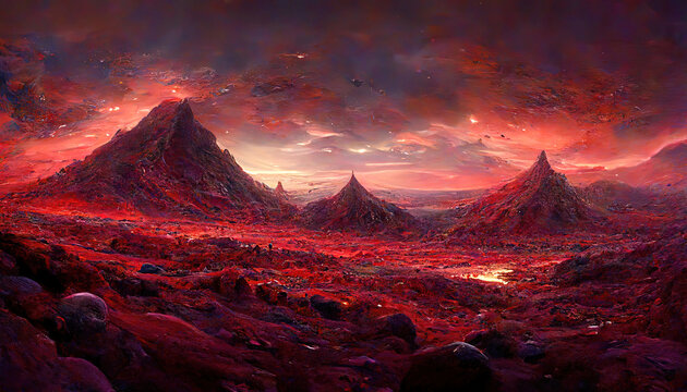 Awesome Landscape of an unexplored planet, A fantasy mountain with a hidden cave and a plasma red sky. Generative Ai © hassanmim2021