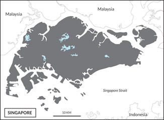 Singapore map high details on black color and white background and border countries, Malaysia, Indonesia, and Singapore Strait 
