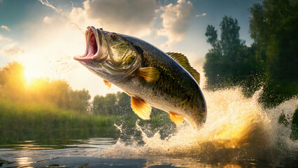 Large Mouth Bass Summer Lake Jumping Out of Water. created with Generative AI Technology, ai, generative - obrazy, fototapety, plakaty