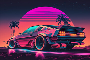 Obraz na płótnie Canvas Illustration of a retro sports car riding among against the of a sunset in the city. Pink background. Generative AI.