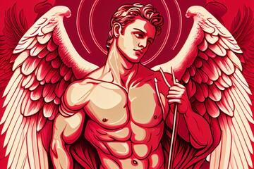 A Handsome Cupid God Of Love With Wings Against A Red Background. Generative AI - obrazy, fototapety, plakaty
