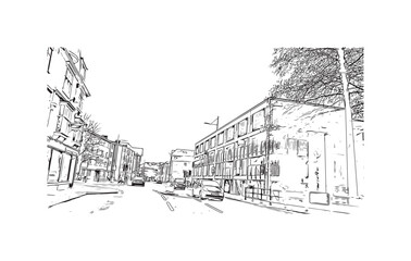 Building view with landmark of Plymouth is the 
city in England. Hand drawn sketch illustration in vector.