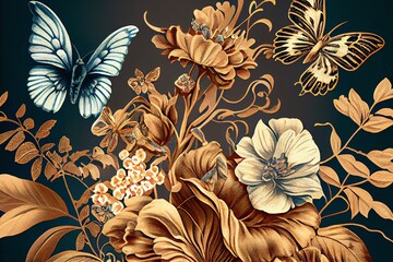 Beautiful Fantasy Vintage Wallpaper Botanical Flower Gold Loeaf Bunch.Vintage Motif For Floral Print Digital Butterflies Background. Generative AI