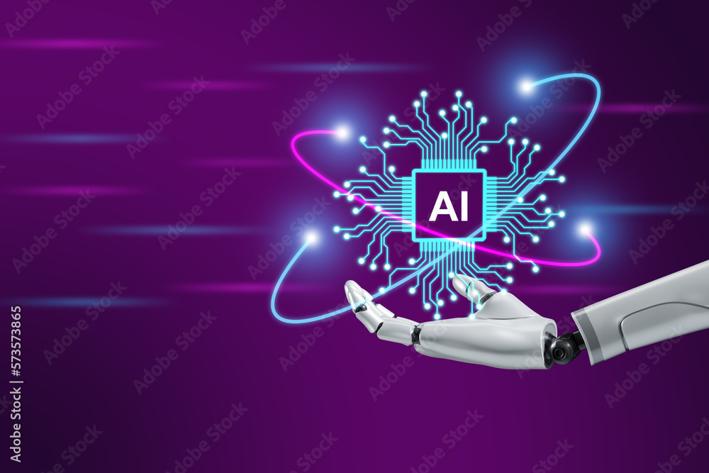 Poster robotic hand showing modern circuit diagram and artificial intelligence word ai next generation conn