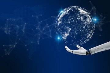 robot hand that shows the network connection of the future, the Internet around the world with AI, artificial intelligence