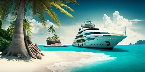 yacht de luxe qui accoste sur une plage paradisiaque avec eaux turquoises et palmiers - illustration ia