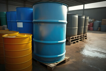 Metal barrels, hazardous chemical containment, acid or flammable material that stored at industrial storage area. Generative Ai image	
