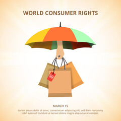 Square world consumer rights day background with hand holding shopping bag - obrazy, fototapety, plakaty