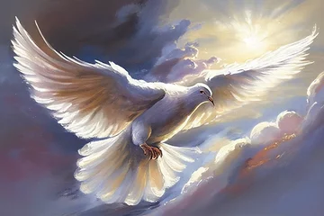 Fotobehang White dove flying painting - a symbol of peace and hope created with generative AI © JoelMasson